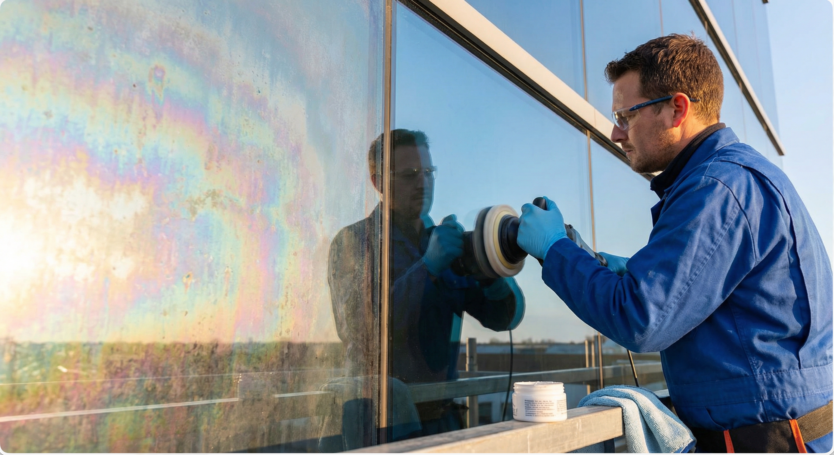 Technicien ESN inspectant une surface vitrée