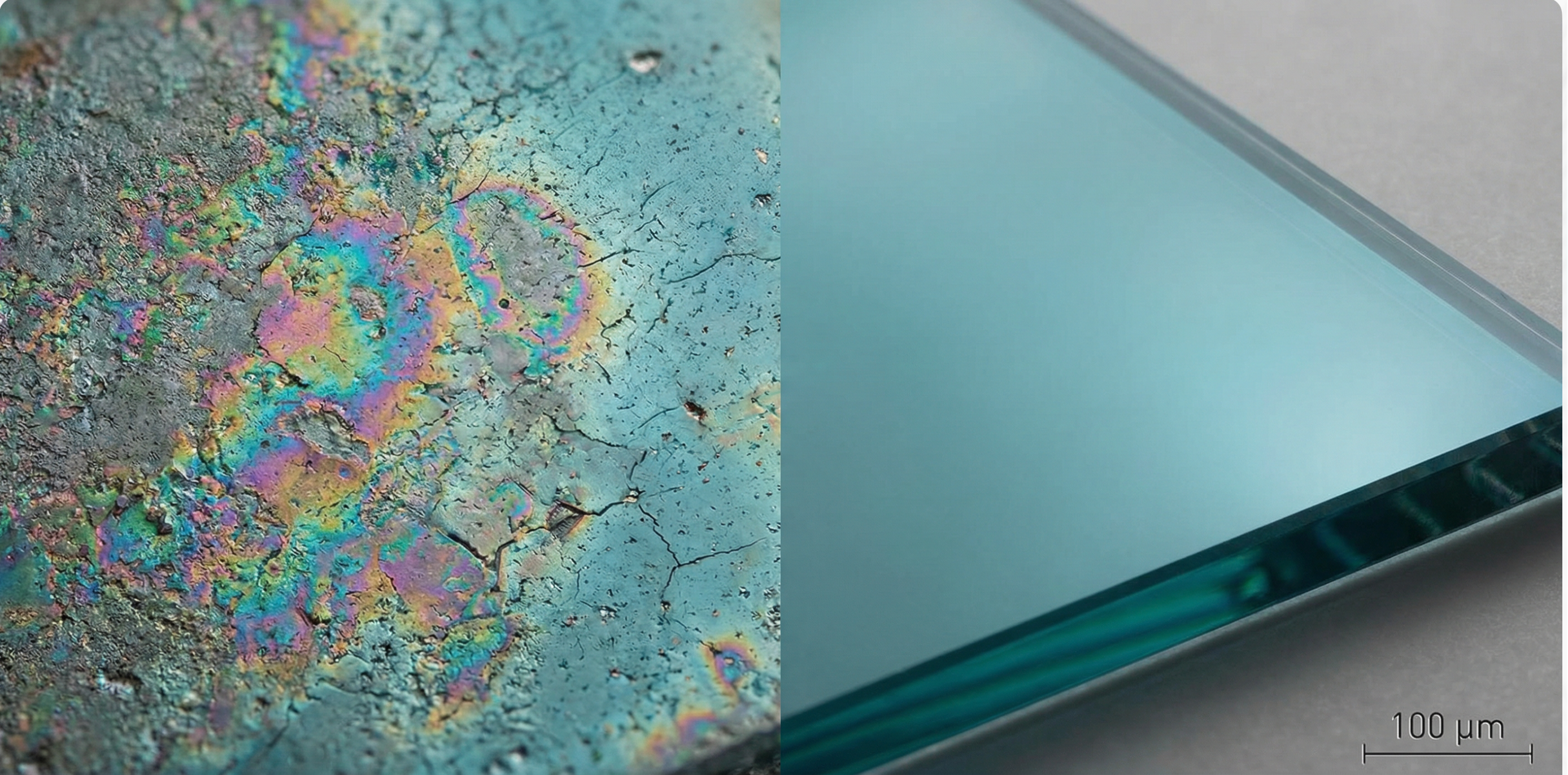 Comparaison visuelle entre une surface dégradée et un verre restauré