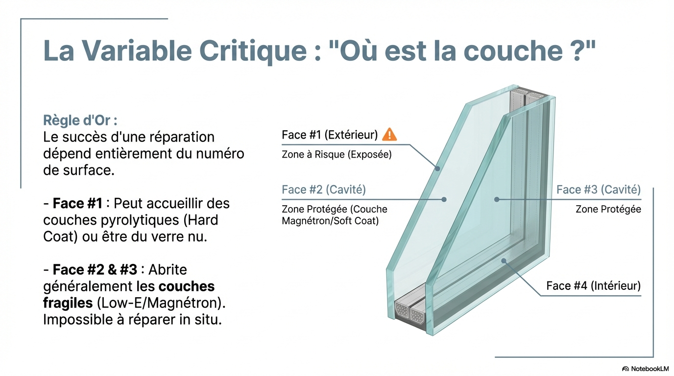 Schéma technique des faces 1, 2, 3 et 4 d’un vitrage avec repérage des zones sensibles