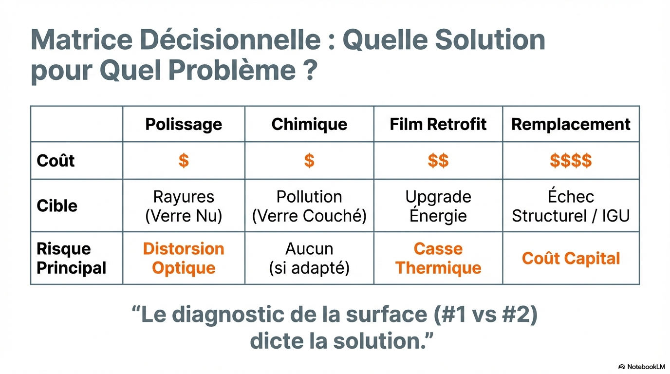 Tableau comparatif entre différentes solutions de remise en état ou de remplacement d’un vitrage